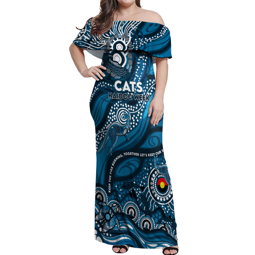 Custom NAIDOC Week 2024 Blues Off Shoulder Maxi Dress Aboriginal Animals Keep The Fire Burning