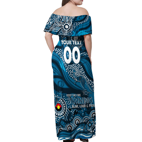 Custom NAIDOC Week 2024 Blues Off Shoulder Maxi Dress Aboriginal Animals Keep The Fire Burning