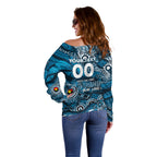 Custom NAIDOC Week 2024 Blues Off Shoulder Sweater Aboriginal Animals Keep The Fire Burning