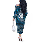 Custom NAIDOC Week 2024 Blues Off The Shoulder Long Sleeve Dress Aboriginal Animals Keep The Fire Burning