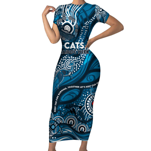 Custom NAIDOC Week 2024 Blues Short Sleeve Bodycon Dress Aboriginal Animals Keep The Fire Burning