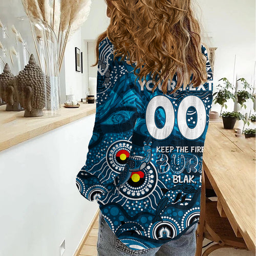 Custom NAIDOC Week 2024 Blues Women Casual Shirt Aboriginal Animals Keep The Fire Burning