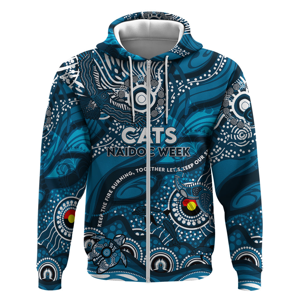 Custom NAIDOC Week 2024 Blues Zip Hoodie Aboriginal Animals Keep The Fire Burning
