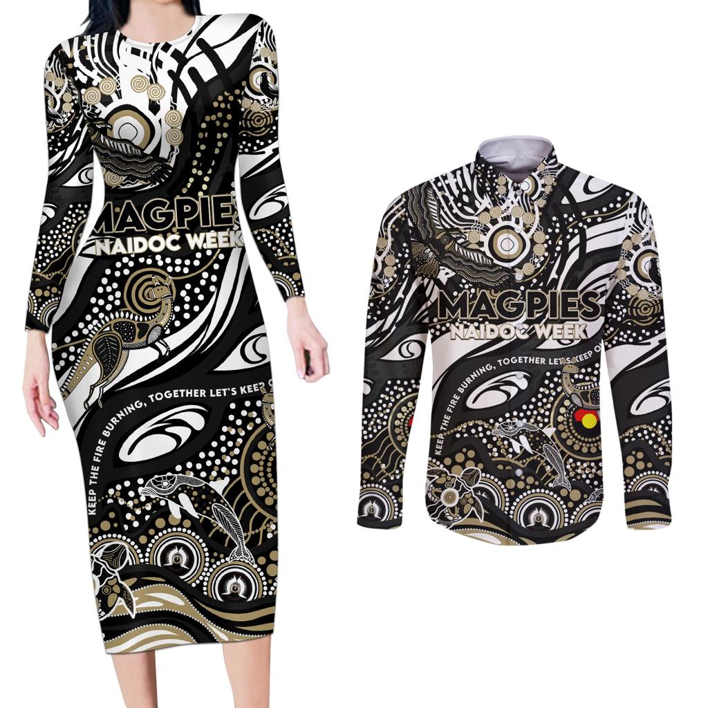 Custom NAIDOC Week 2024 Magpies Couples Matching Long Sleeve Bodycon Dress and Long Sleeve Button Shirt Aboriginal Animals Keep The Fire Burning