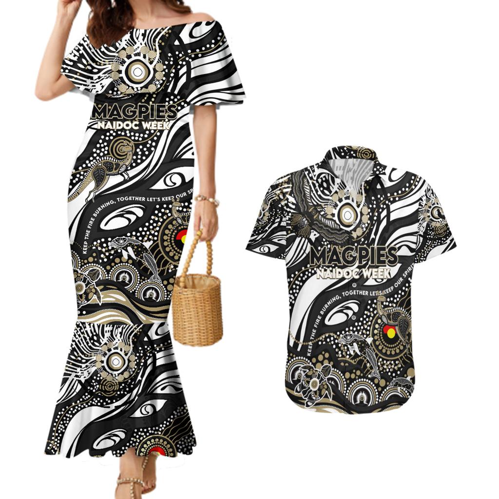 Custom NAIDOC Week 2024 Magpies Couples Matching Mermaid Dress and Hawaiian Shirt Aboriginal Animals Keep The Fire Burning