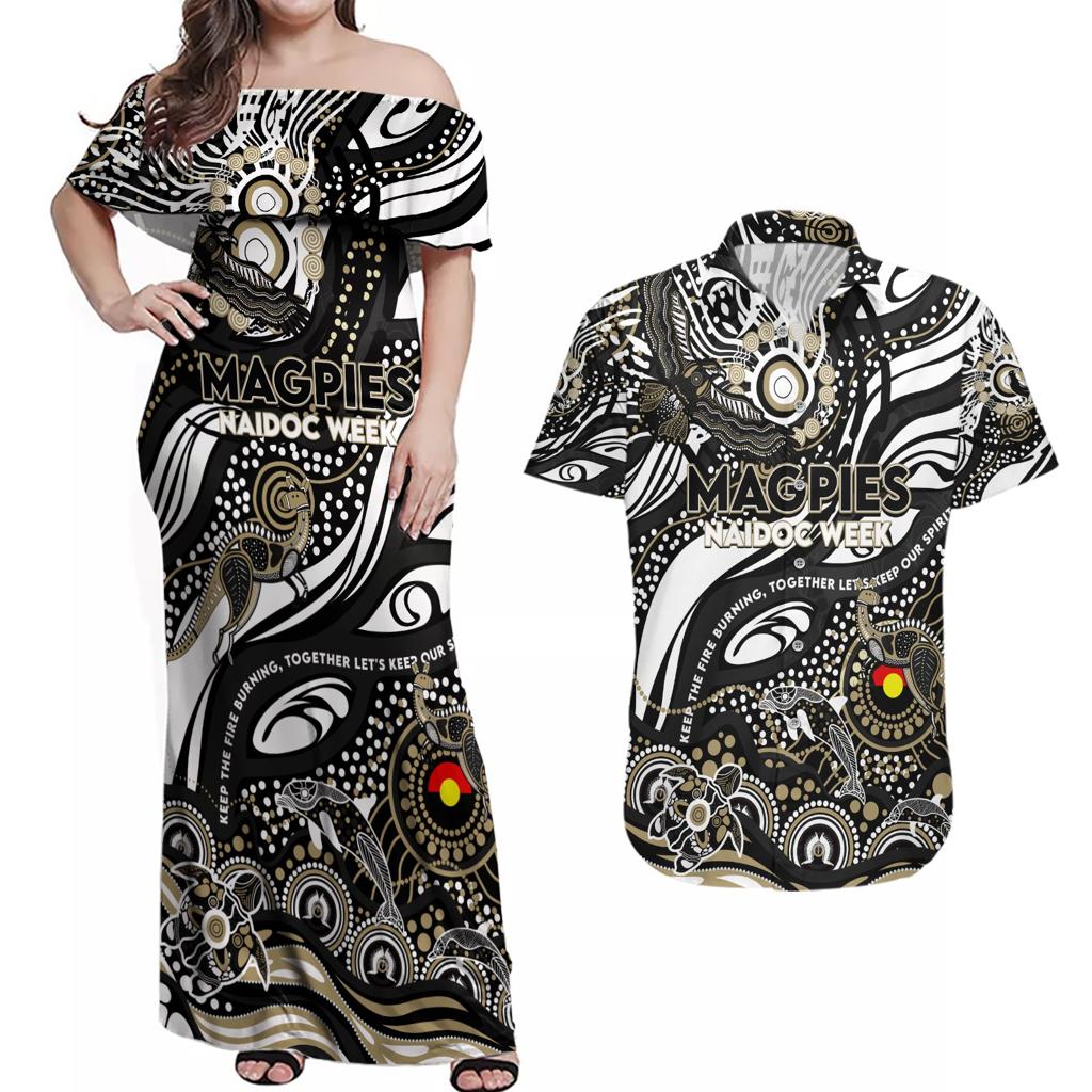 Custom NAIDOC Week 2024 Magpies Couples Matching Off Shoulder Maxi Dress and Hawaiian Shirt Aboriginal Animals Keep The Fire Burning