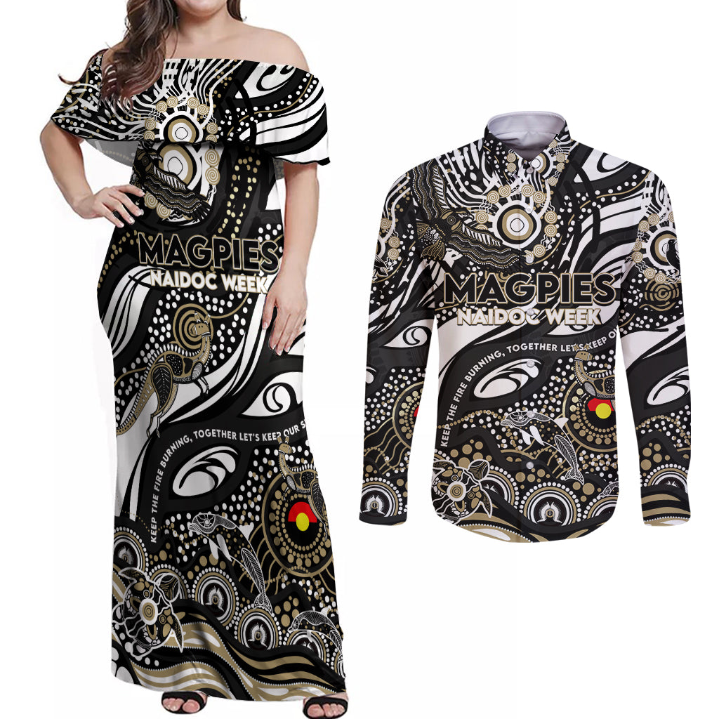 Custom NAIDOC Week 2024 Magpies Couples Matching Off Shoulder Maxi Dress and Long Sleeve Button Shirt Aboriginal Animals Keep The Fire Burning