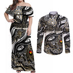 Custom NAIDOC Week 2024 Magpies Couples Matching Off Shoulder Maxi Dress and Long Sleeve Button Shirt Aboriginal Animals Keep The Fire Burning