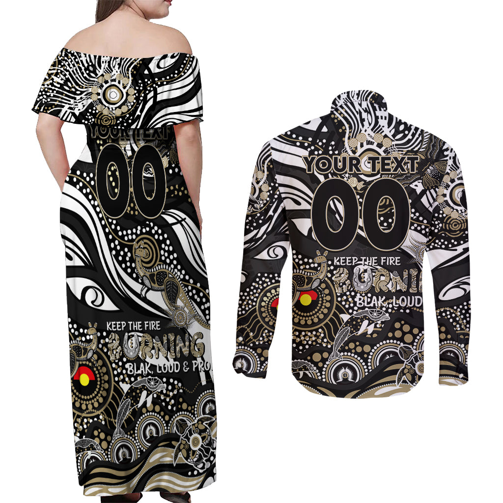 Custom NAIDOC Week 2024 Magpies Couples Matching Off Shoulder Maxi Dress and Long Sleeve Button Shirt Aboriginal Animals Keep The Fire Burning