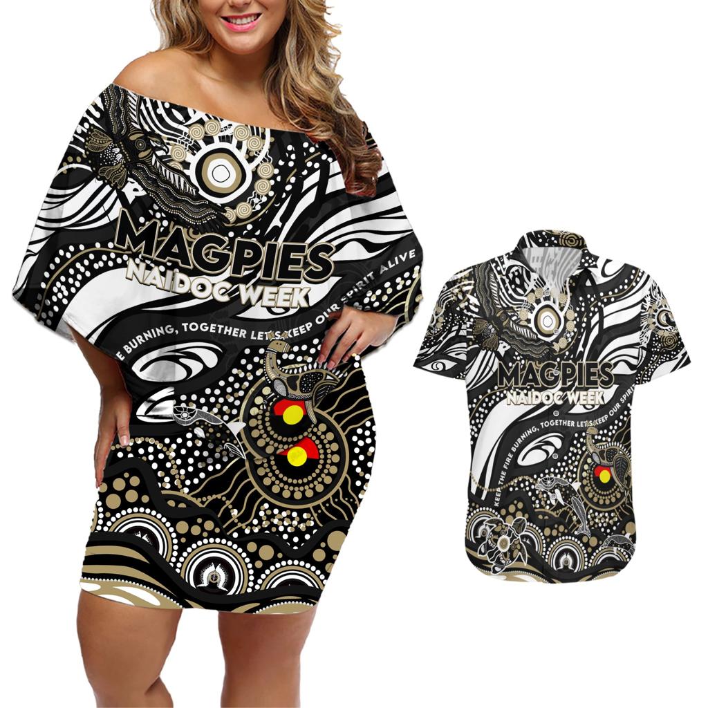 Custom NAIDOC Week 2024 Magpies Couples Matching Off Shoulder Short Dress and Hawaiian Shirt Aboriginal Animals Keep The Fire Burning