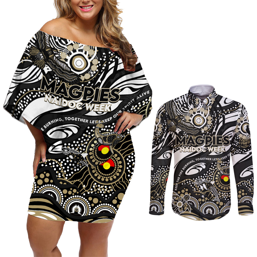 Custom NAIDOC Week 2024 Magpies Couples Matching Off Shoulder Short Dress and Long Sleeve Button Shirt Aboriginal Animals Keep The Fire Burning