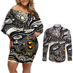 Custom NAIDOC Week 2024 Magpies Couples Matching Off Shoulder Short Dress and Long Sleeve Button Shirt Aboriginal Animals Keep The Fire Burning