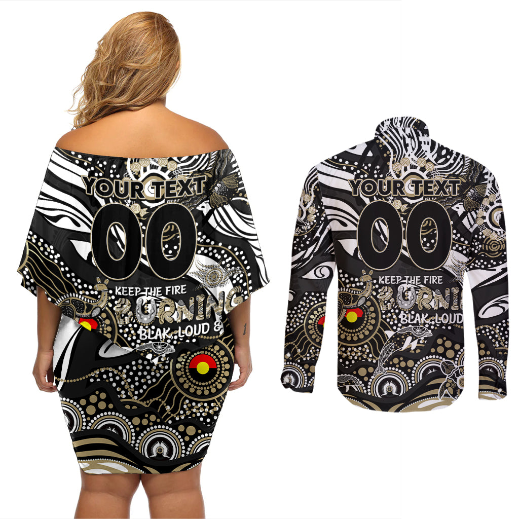 Custom NAIDOC Week 2024 Magpies Couples Matching Off Shoulder Short Dress and Long Sleeve Button Shirt Aboriginal Animals Keep The Fire Burning