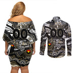 Custom NAIDOC Week 2024 Magpies Couples Matching Off Shoulder Short Dress and Long Sleeve Button Shirt Aboriginal Animals Keep The Fire Burning
