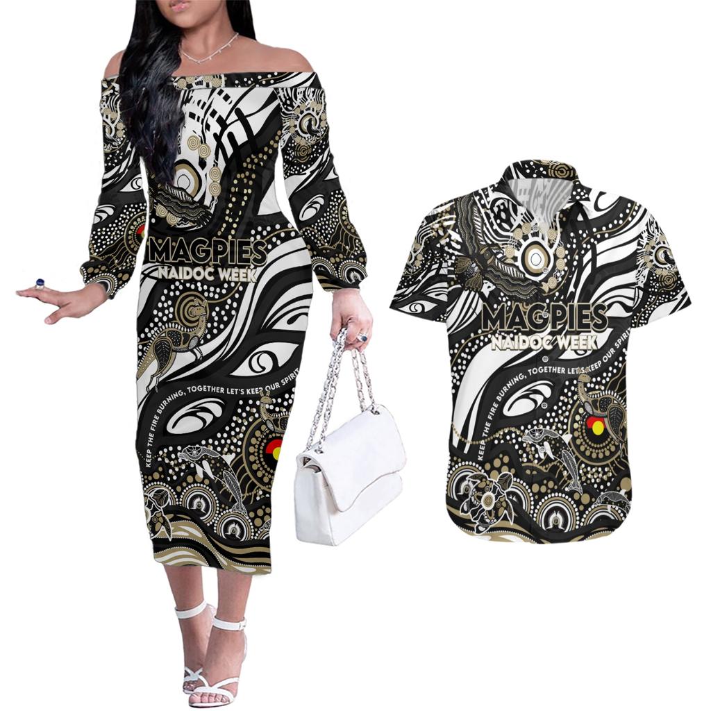 Custom NAIDOC Week 2024 Magpies Couples Matching Off The Shoulder Long Sleeve Dress and Hawaiian Shirt Aboriginal Animals Keep The Fire Burning