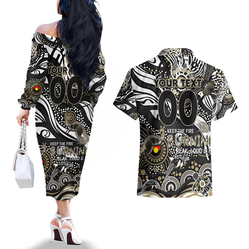 Custom NAIDOC Week 2024 Magpies Couples Matching Off The Shoulder Long Sleeve Dress and Hawaiian Shirt Aboriginal Animals Keep The Fire Burning