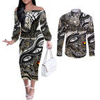 Custom NAIDOC Week 2024 Magpies Couples Matching Off The Shoulder Long Sleeve Dress and Long Sleeve Button Shirt Aboriginal Animals Keep The Fire Burning