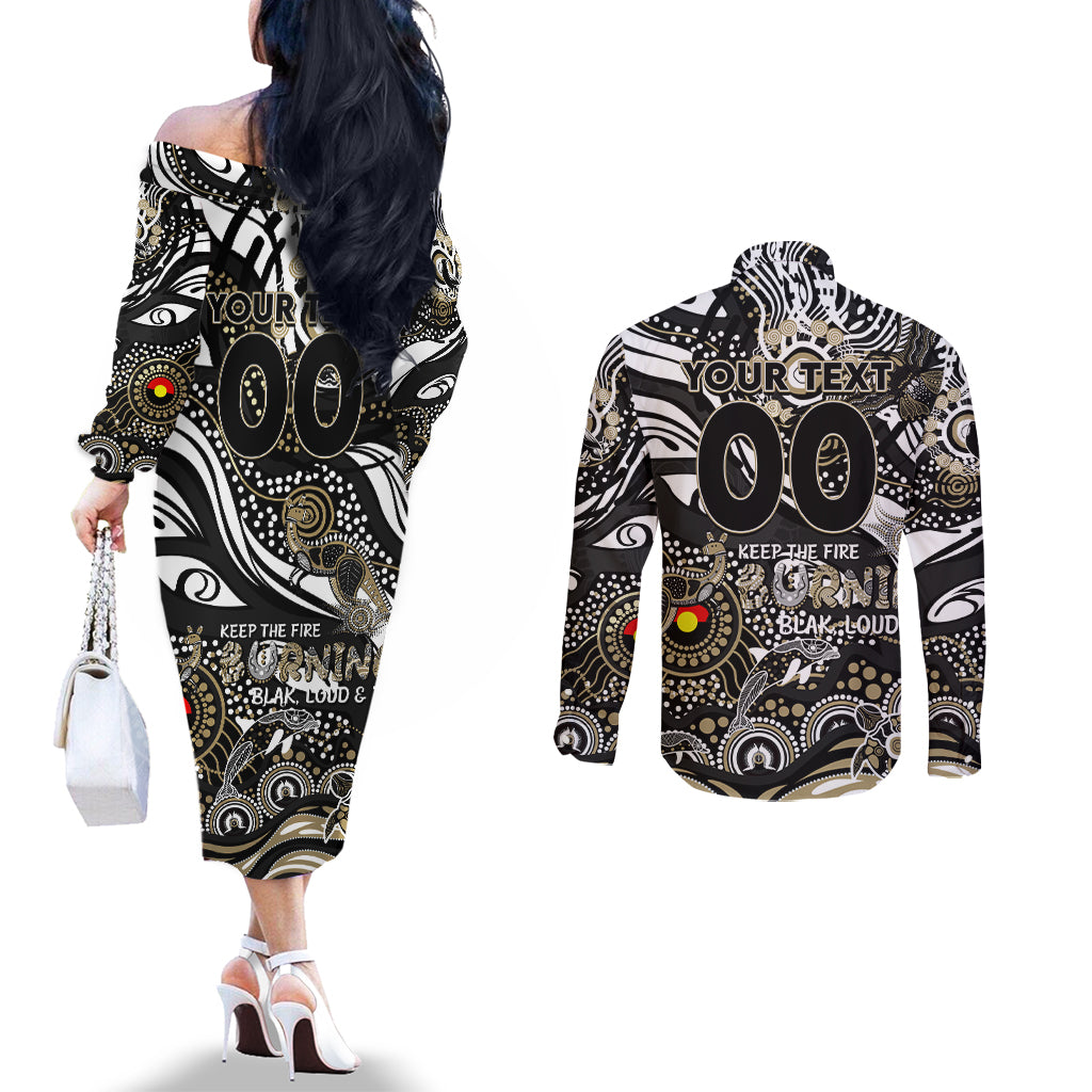 Custom NAIDOC Week 2024 Magpies Couples Matching Off The Shoulder Long Sleeve Dress and Long Sleeve Button Shirt Aboriginal Animals Keep The Fire Burning
