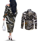 Custom NAIDOC Week 2024 Magpies Couples Matching Off The Shoulder Long Sleeve Dress and Long Sleeve Button Shirt Aboriginal Animals Keep The Fire Burning