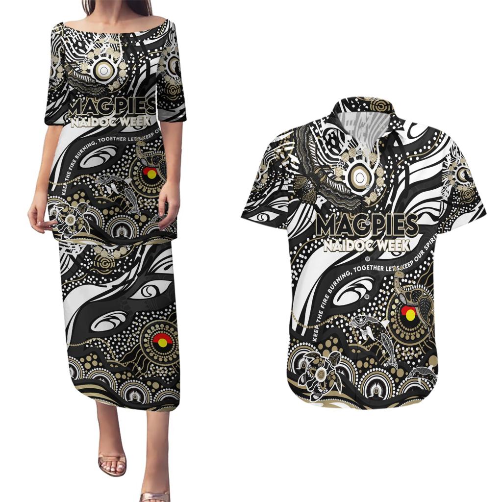 Custom NAIDOC Week 2024 Magpies Couples Matching Puletasi and Hawaiian Shirt Aboriginal Animals Keep The Fire Burning