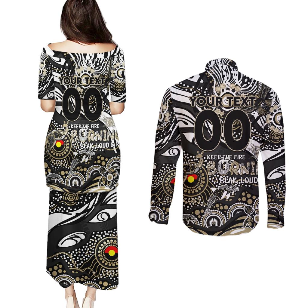Custom NAIDOC Week 2024 Magpies Couples Matching Puletasi and Long Sleeve Button Shirt Aboriginal Animals Keep The Fire Burning