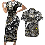 Custom NAIDOC Week 2024 Magpies Couples Matching Short Sleeve Bodycon Dress and Hawaiian Shirt Aboriginal Animals Keep The Fire Burning
