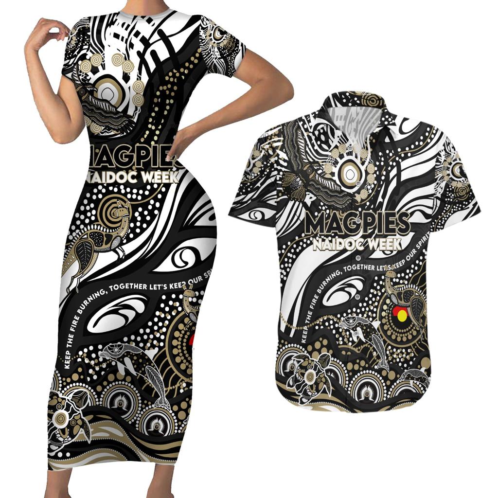 Custom NAIDOC Week 2024 Magpies Couples Matching Short Sleeve Bodycon Dress and Hawaiian Shirt Aboriginal Animals Keep The Fire Burning