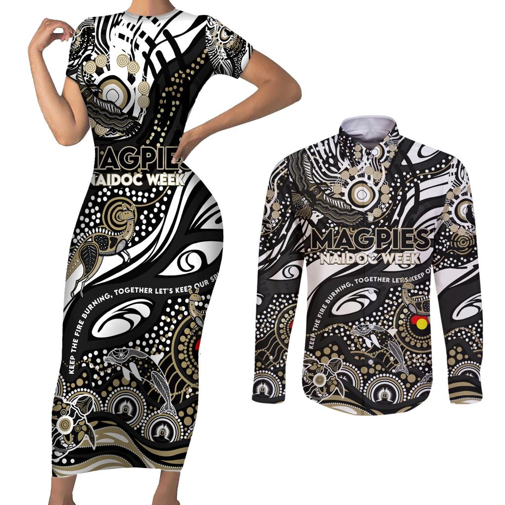 Custom NAIDOC Week 2024 Magpies Couples Matching Short Sleeve Bodycon Dress and Long Sleeve Button Shirt Aboriginal Animals Keep The Fire Burning