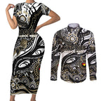 Custom NAIDOC Week 2024 Magpies Couples Matching Short Sleeve Bodycon Dress and Long Sleeve Button Shirt Aboriginal Animals Keep The Fire Burning