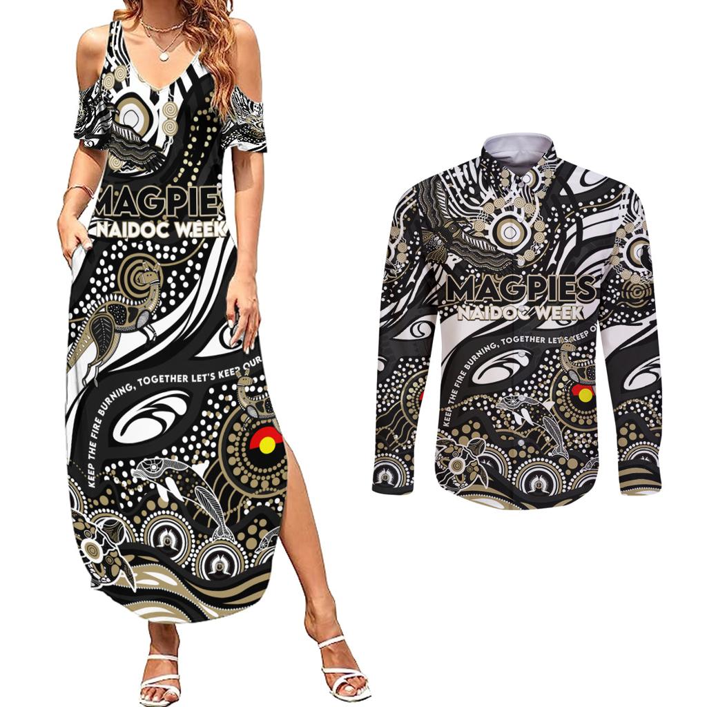 Custom NAIDOC Week 2024 Magpies Couples Matching Summer Maxi Dress and Long Sleeve Button Shirt Aboriginal Animals Keep The Fire Burning