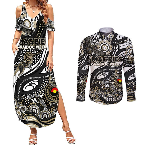 Custom NAIDOC Week 2024 Magpies Couples Matching Summer Maxi Dress and Long Sleeve Button Shirt Aboriginal Animals Keep The Fire Burning