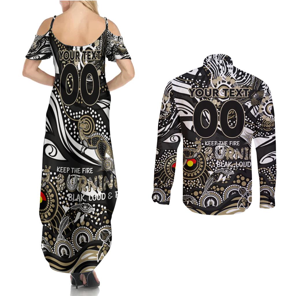Custom NAIDOC Week 2024 Magpies Couples Matching Summer Maxi Dress and Long Sleeve Button Shirt Aboriginal Animals Keep The Fire Burning