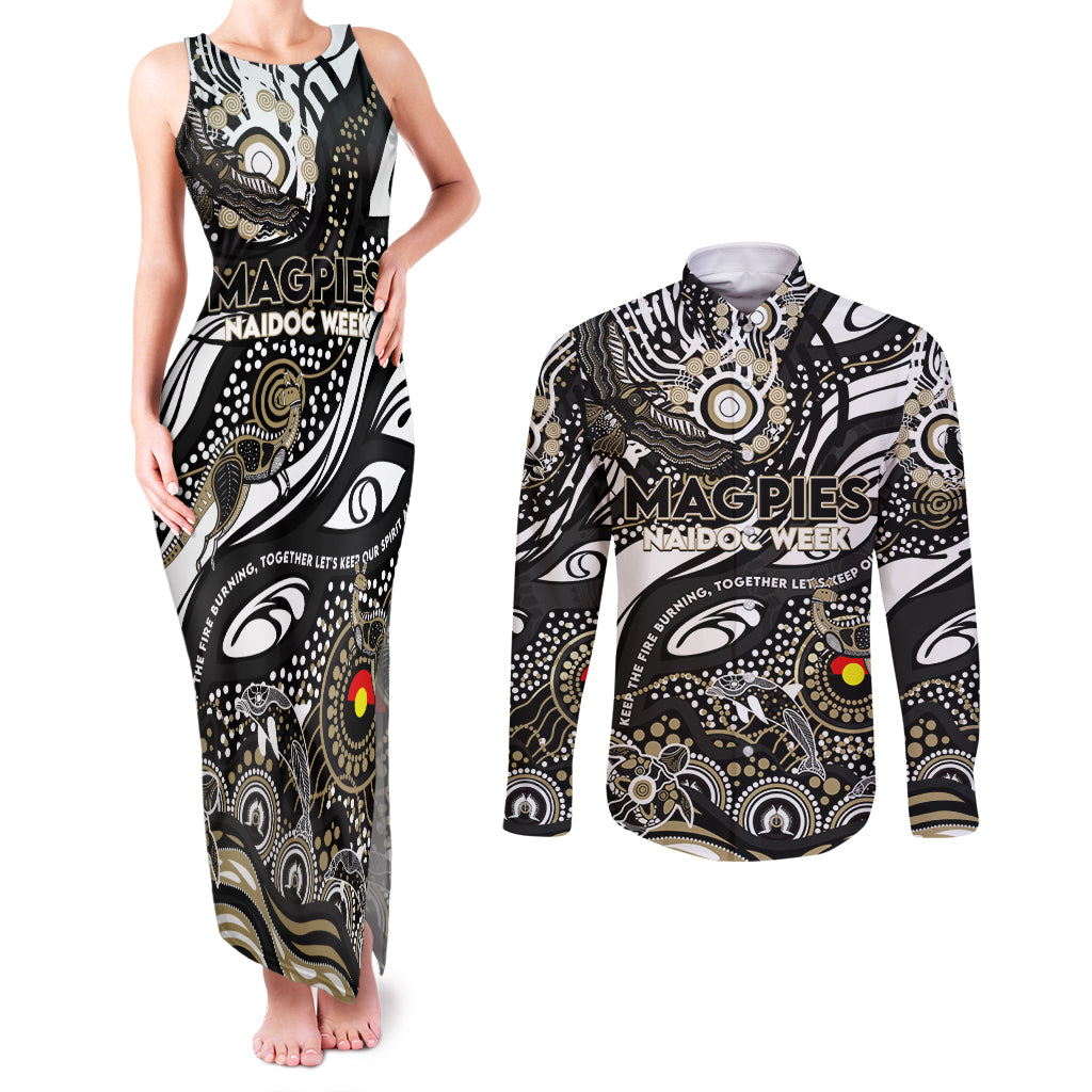 Custom NAIDOC Week 2024 Magpies Couples Matching Tank Maxi Dress and Long Sleeve Button Shirt Aboriginal Animals Keep The Fire Burning