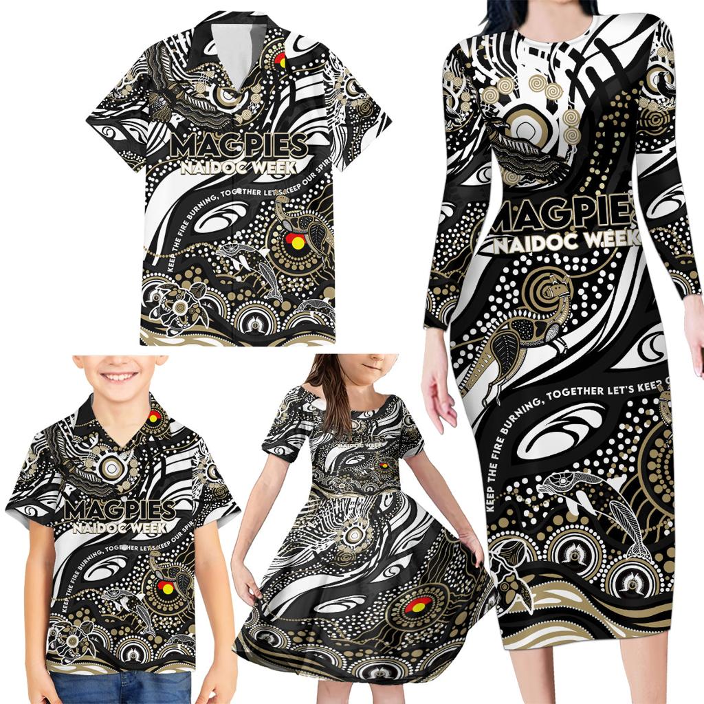 Custom NAIDOC Week 2024 Magpies Family Matching Long Sleeve Bodycon Dress and Hawaiian Shirt Aboriginal Animals Keep The Fire Burning