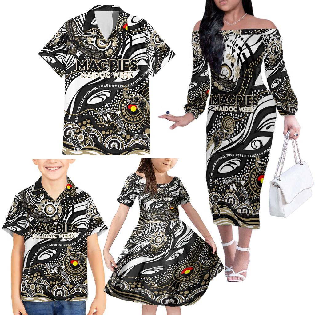 Custom NAIDOC Week 2024 Magpies Family Matching Off The Shoulder Long Sleeve Dress and Hawaiian Shirt Aboriginal Animals Keep The Fire Burning