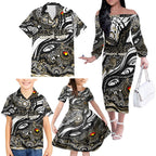 Custom NAIDOC Week 2024 Magpies Family Matching Off The Shoulder Long Sleeve Dress and Hawaiian Shirt Aboriginal Animals Keep The Fire Burning