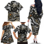 Custom NAIDOC Week 2024 Magpies Family Matching Off The Shoulder Long Sleeve Dress and Hawaiian Shirt Aboriginal Animals Keep The Fire Burning