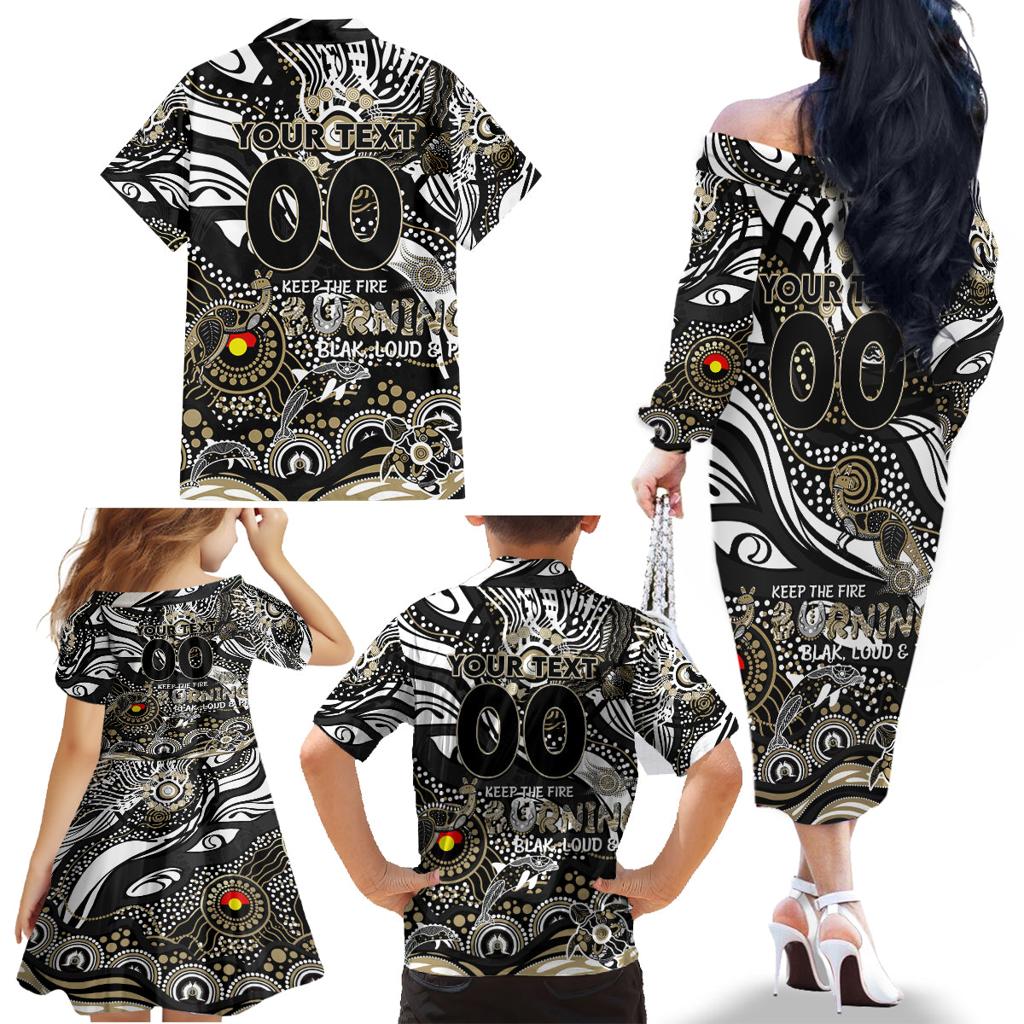 Custom NAIDOC Week 2024 Magpies Family Matching Off The Shoulder Long Sleeve Dress and Hawaiian Shirt Aboriginal Animals Keep The Fire Burning