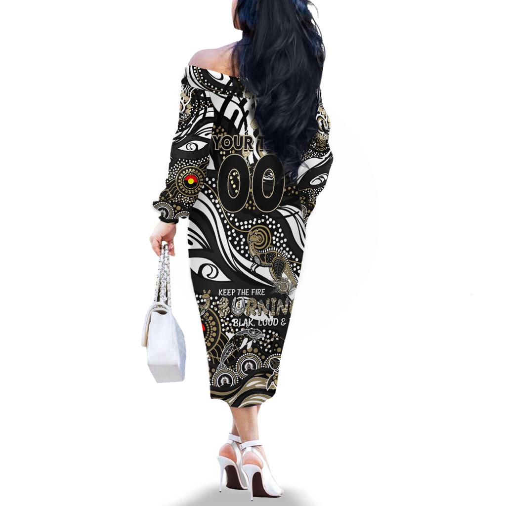 Custom NAIDOC Week 2024 Magpies Family Matching Off The Shoulder Long Sleeve Dress and Hawaiian Shirt Aboriginal Animals Keep The Fire Burning