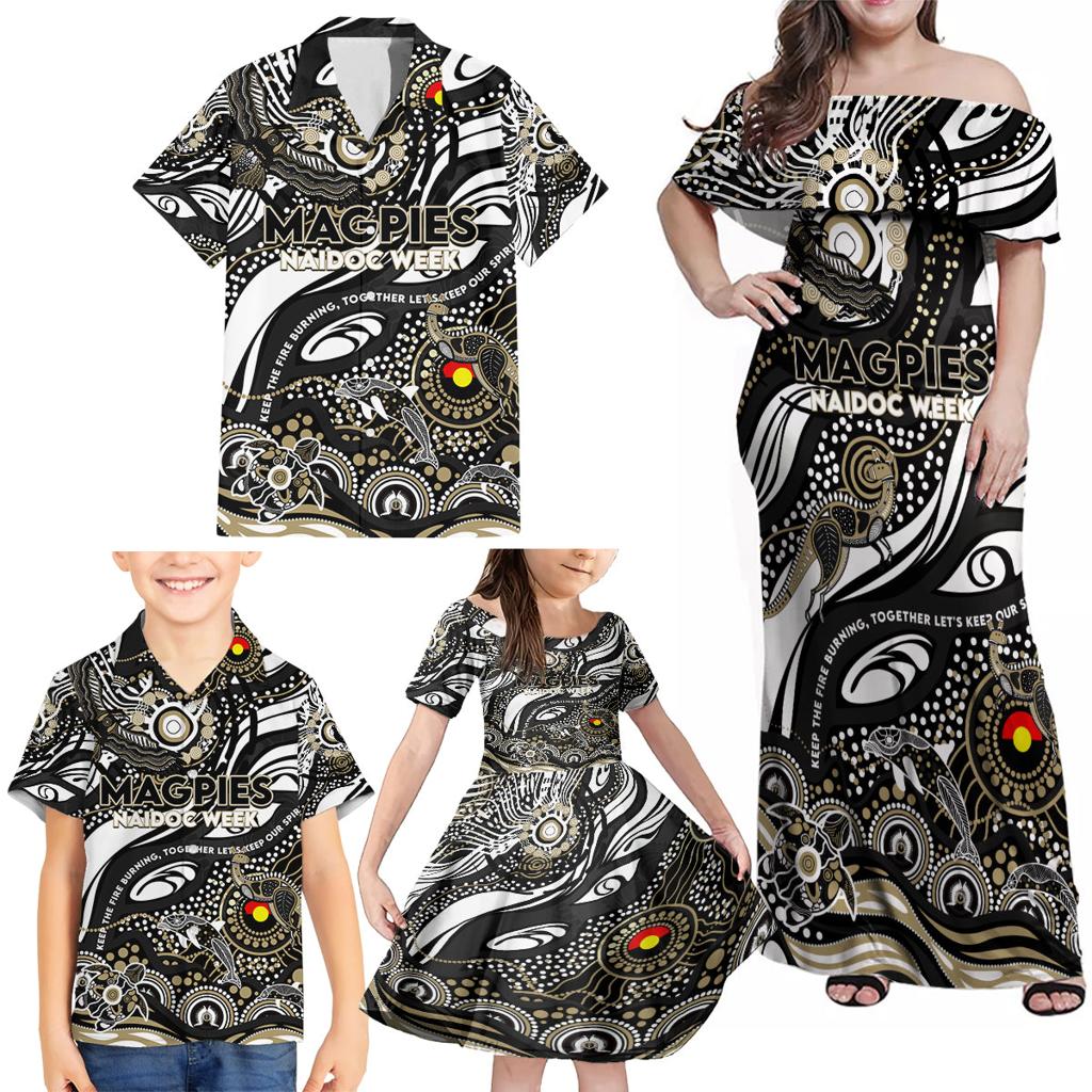 Custom NAIDOC Week 2024 Magpies Family Matching Off Shoulder Maxi Dress and Hawaiian Shirt Aboriginal Animals Keep The Fire Burning