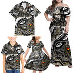 Custom NAIDOC Week 2024 Magpies Family Matching Off Shoulder Maxi Dress and Hawaiian Shirt Aboriginal Animals Keep The Fire Burning