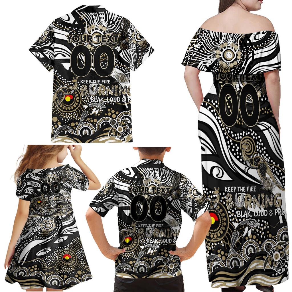 Custom NAIDOC Week 2024 Magpies Family Matching Off Shoulder Maxi Dress and Hawaiian Shirt Aboriginal Animals Keep The Fire Burning