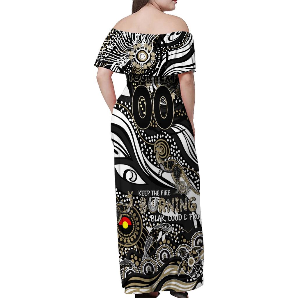 Custom NAIDOC Week 2024 Magpies Family Matching Off Shoulder Maxi Dress and Hawaiian Shirt Aboriginal Animals Keep The Fire Burning
