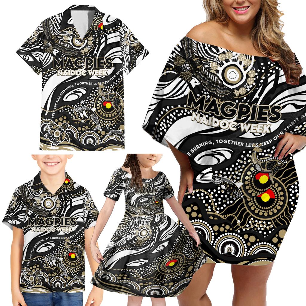 Custom NAIDOC Week 2024 Magpies Family Matching Off Shoulder Short Dress and Hawaiian Shirt Aboriginal Animals Keep The Fire Burning