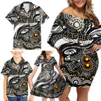 Custom NAIDOC Week 2024 Magpies Family Matching Off Shoulder Short Dress and Hawaiian Shirt Aboriginal Animals Keep The Fire Burning