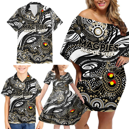 Custom NAIDOC Week 2024 Magpies Family Matching Off Shoulder Short Dress and Hawaiian Shirt Aboriginal Animals Keep The Fire Burning