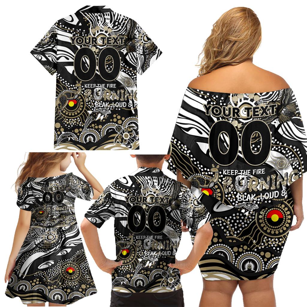 Custom NAIDOC Week 2024 Magpies Family Matching Off Shoulder Short Dress and Hawaiian Shirt Aboriginal Animals Keep The Fire Burning