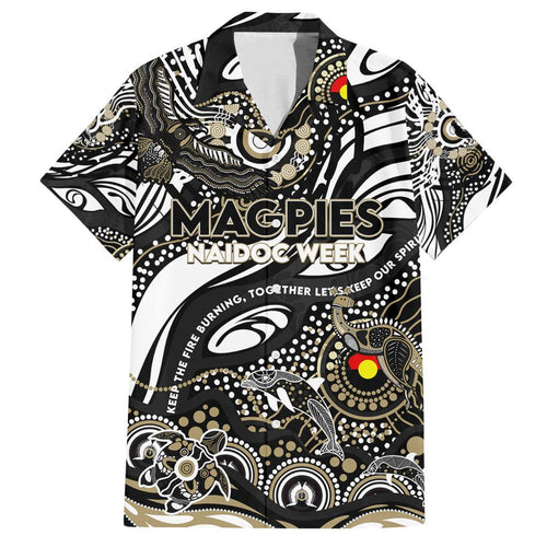 Custom NAIDOC Week 2024 Magpies Family Matching Off Shoulder Short Dress and Hawaiian Shirt Aboriginal Animals Keep The Fire Burning