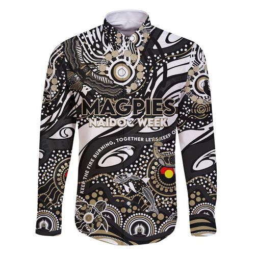 Custom NAIDOC Week 2024 Magpies Family Matching Off Shoulder Short Dress and Hawaiian Shirt Aboriginal Animals Keep The Fire Burning