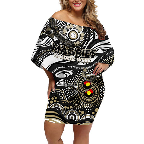 Custom NAIDOC Week 2024 Magpies Family Matching Off Shoulder Short Dress and Hawaiian Shirt Aboriginal Animals Keep The Fire Burning